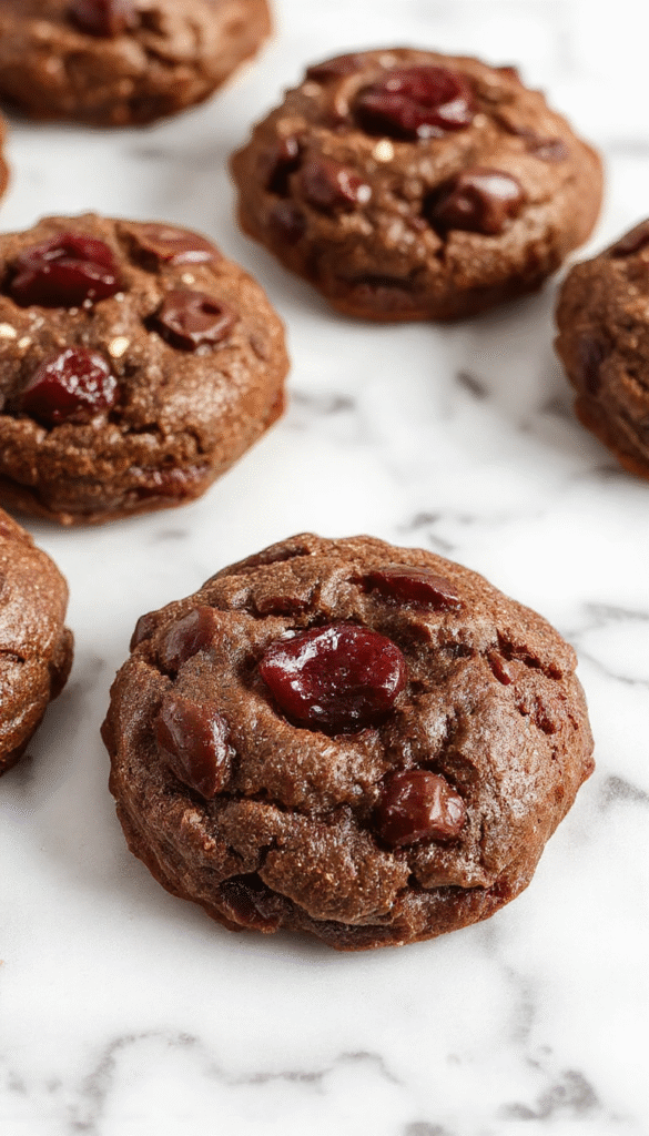 A close-up of vibrant red cherry pieces embedded in rich, dark chocolate cookies with a slightly cracked surface, arranged on a white plate with a drizzle of melted chocolate and fresh cherries garnishing the background.