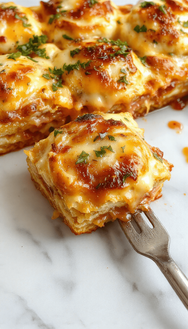 A colorful plate displaying a bubbling, cheesy biscuit pizza casserole topped with melted cheese, vibrant tomato sauce, and fresh herbs, served alongside crispy biscuit edges and a fork scooping a cheesy bite.