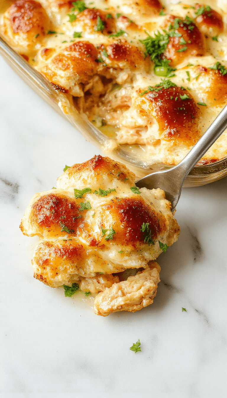 A vibrant rectangular casserole dish filled with golden-brown chicken and melted cheese, topped with chopped herbs and served alongside fresh vegetables, showcasing a comforting, cheesy, and savory plated dish with a rustic presentation.