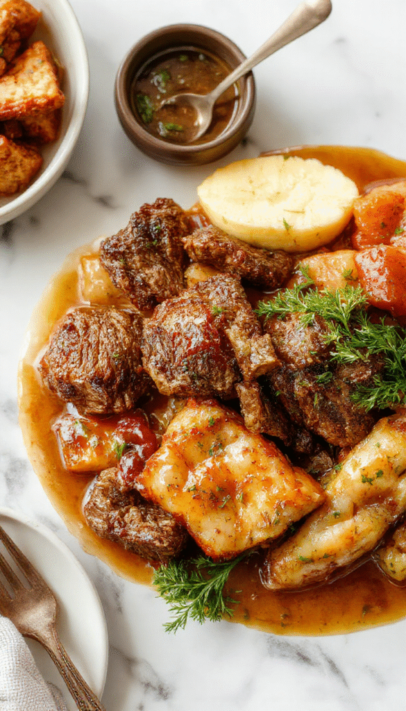 A warm plate featuring shredded Mississippi Pot Roast topped with gravy, garnished with fresh herbs, served alongside buttery mashed potatoes and steamed green beans, with a rustic wooden table background.