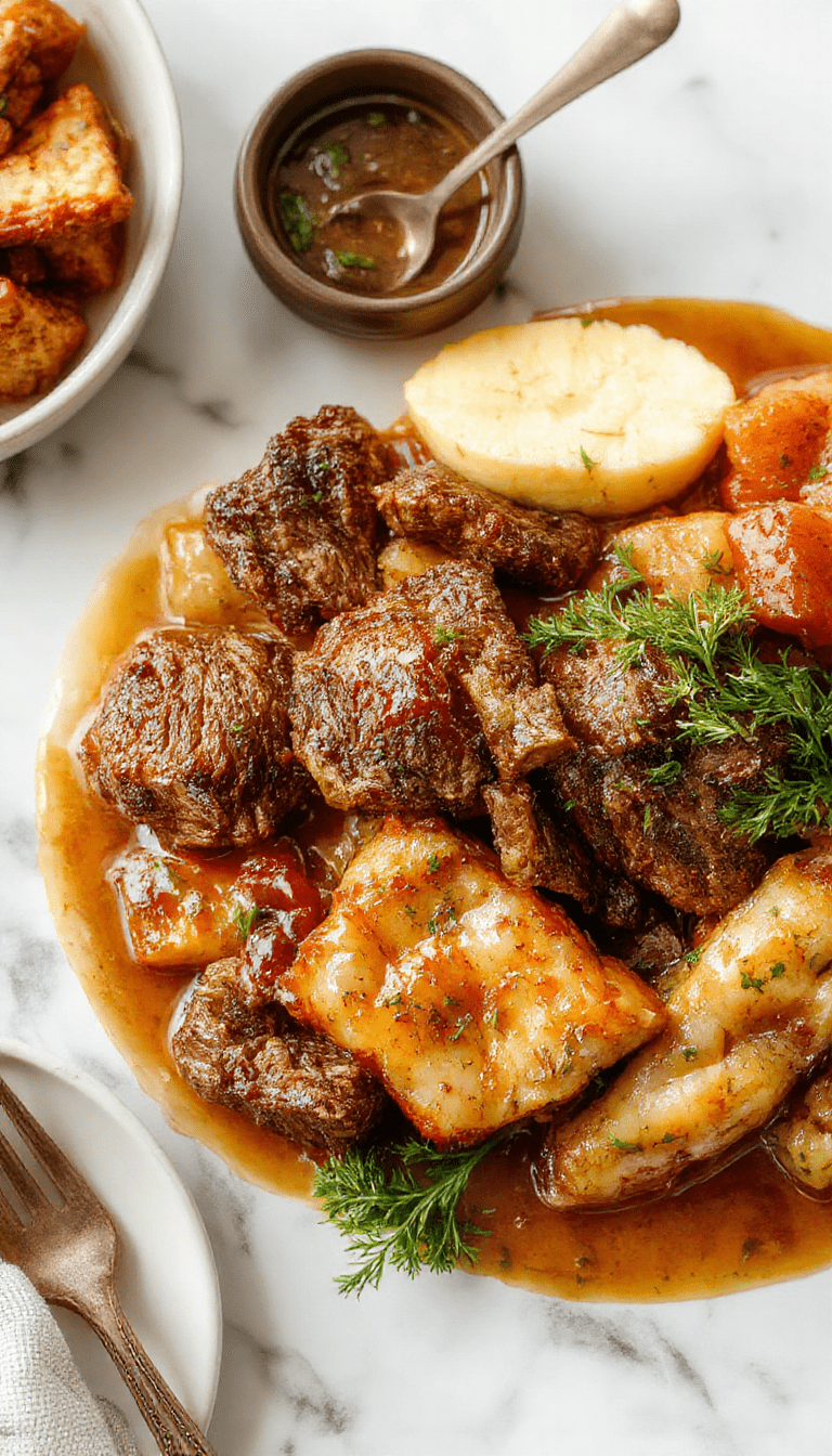 A warm plate featuring shredded Mississippi Pot Roast topped with gravy, garnished with fresh herbs, served alongside buttery mashed potatoes and steamed green beans, with a rustic wooden table background.