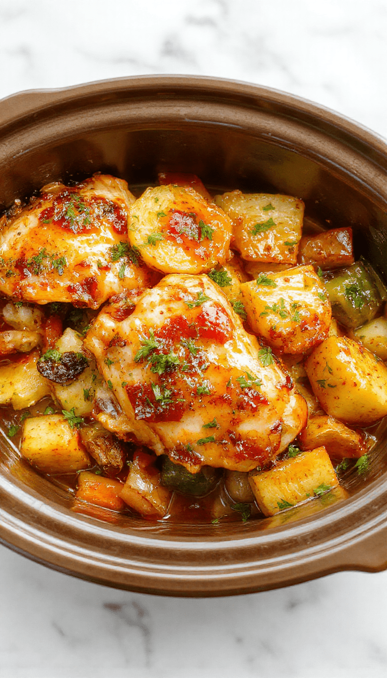 Colorful plate featuring tender shredded chicken glazed with honey and garlic, surrounded by roasted vibrant vegetables like carrots, broccoli, and bell peppers, garnished with fresh herbs, all presented on a rustic white plate with a wooden background.