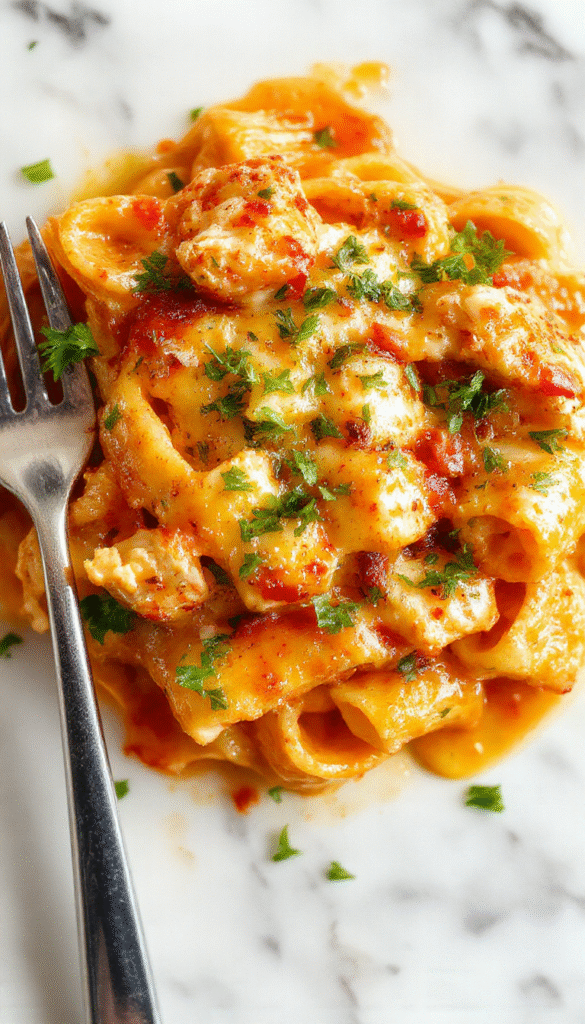 Colorful plate featuring tender chicken strips coated in rich cowboy butter sauce atop al dente linguine, garnished with fresh herbs and onions, styled on a rustic wooden table with vibrant ingredients around