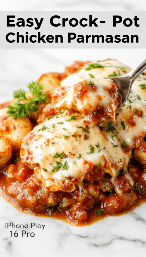 A served plate of tender shredded chicken topped with golden melted cheese and tangy marinara sauce, garnished with fresh basil on a white dish, with a rustic wooden background and vibrant red and green colors.
