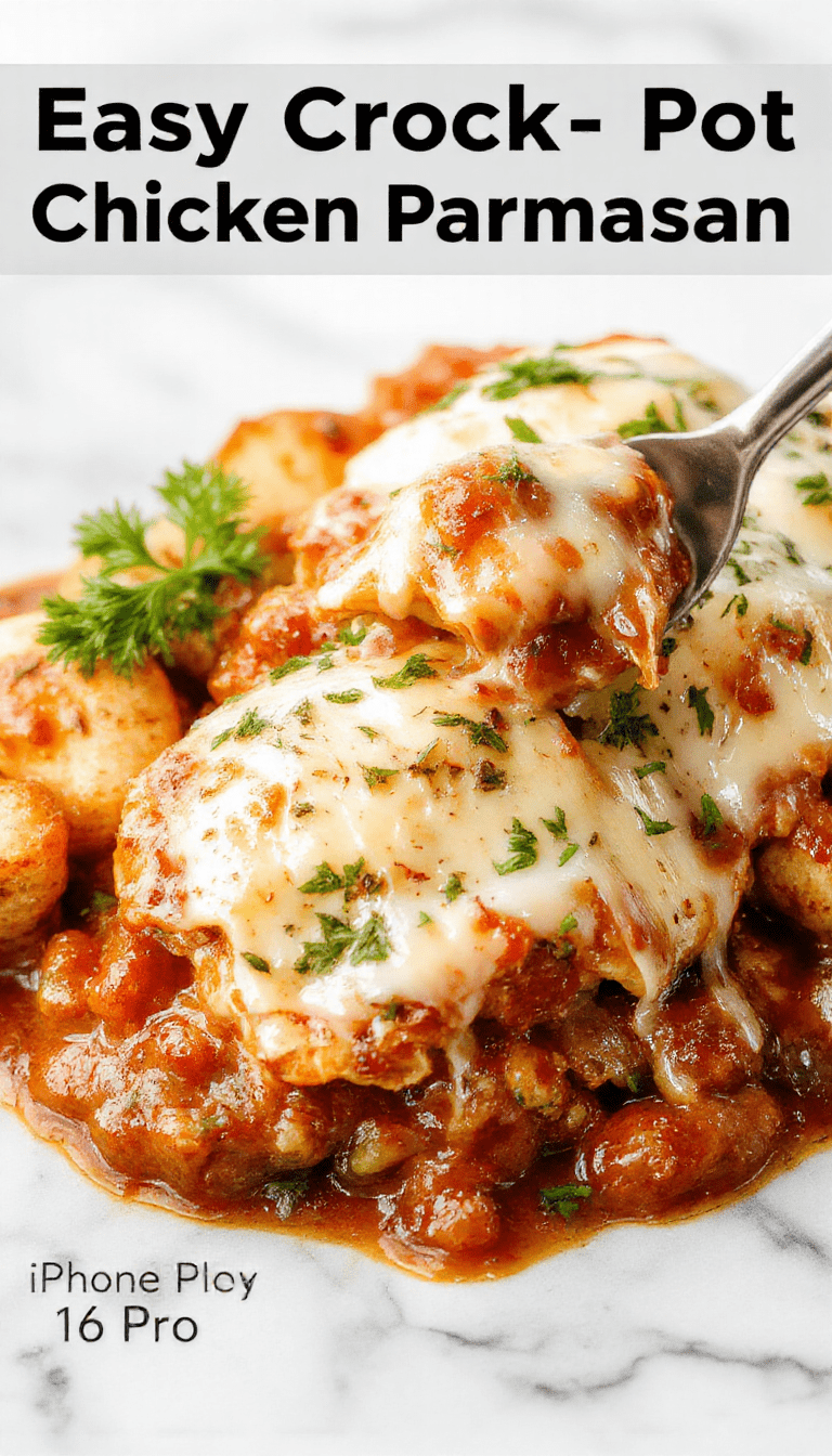 A served plate of tender shredded chicken topped with golden melted cheese and tangy marinara sauce, garnished with fresh basil on a white dish, with a rustic wooden background and vibrant red and green colors.
