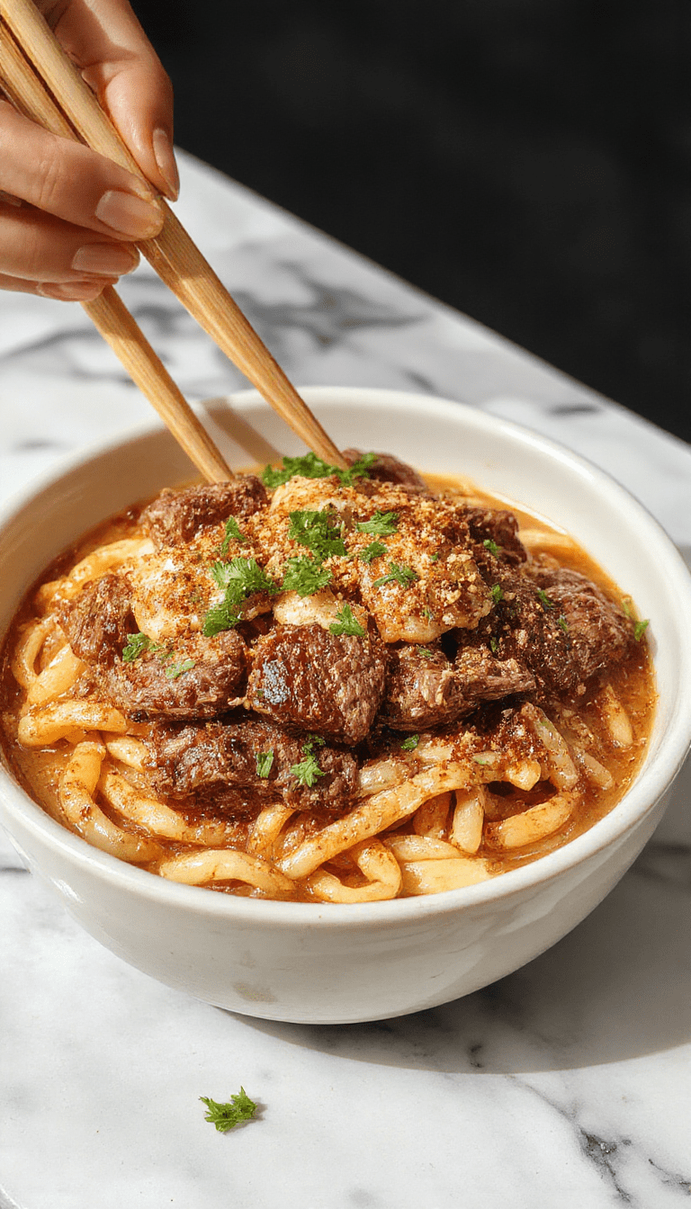 A vibrant bowl of cumin lamb noodles showcases tender strips of lamb coated in a rich, spiced cumin sauce. The noodles are perfectly cooked, garnished with chopped green onions and sesame seeds, contrasting the deep brown and reddish hues of the savory sauce. The dish is plated beautifully on a rustic wooden table, emphasizing the flavorful and aromatic appeal of Asian-style lamb noodles.