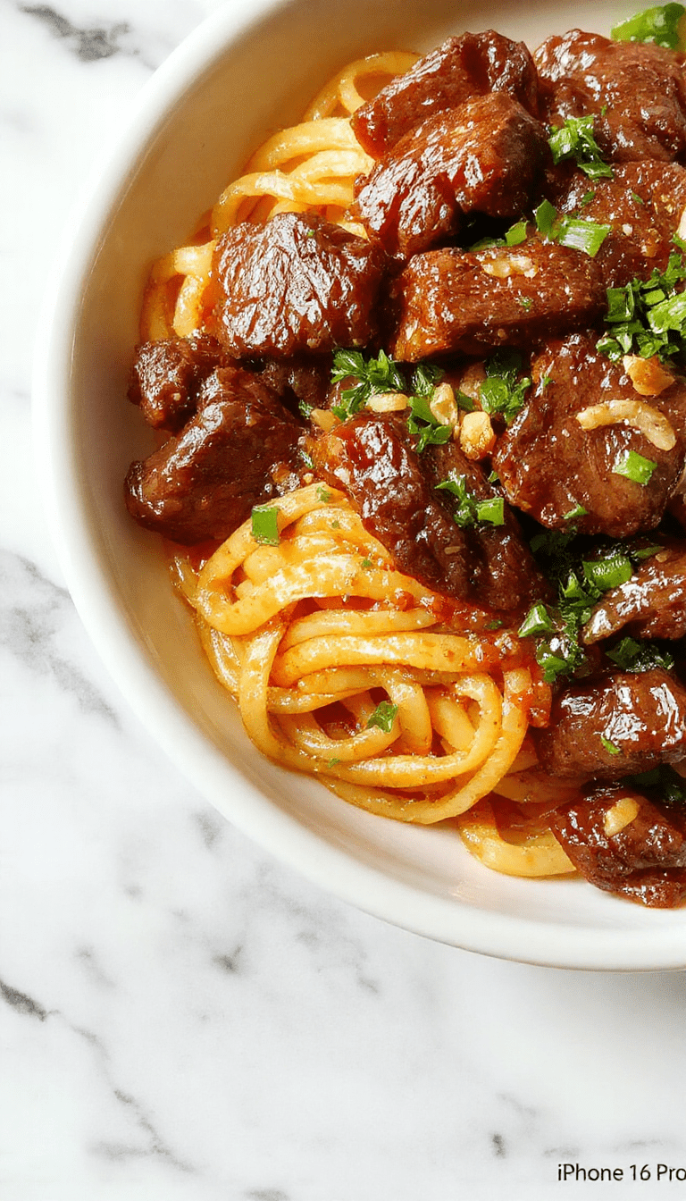 A vibrant plate of Mongolian ground beef noodles with glossy savory sauce, garnished with green onions and sesame seeds, served on a rustic wooden table