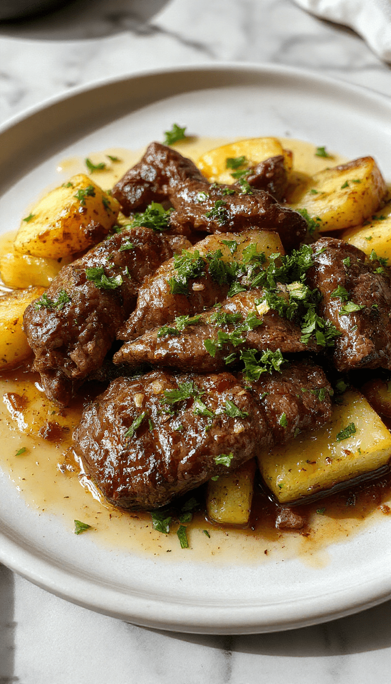 A rustic cast iron skillet featuring perfectly seared juicy steak topped with melted garlic butter, golden crispy roasted potatoes sprinkled with fresh herbs, colorful vegetable garnish, and a drizzle of herb-infused butter, all beautifully arranged on a wooden table with a warm, inviting ambiance.
