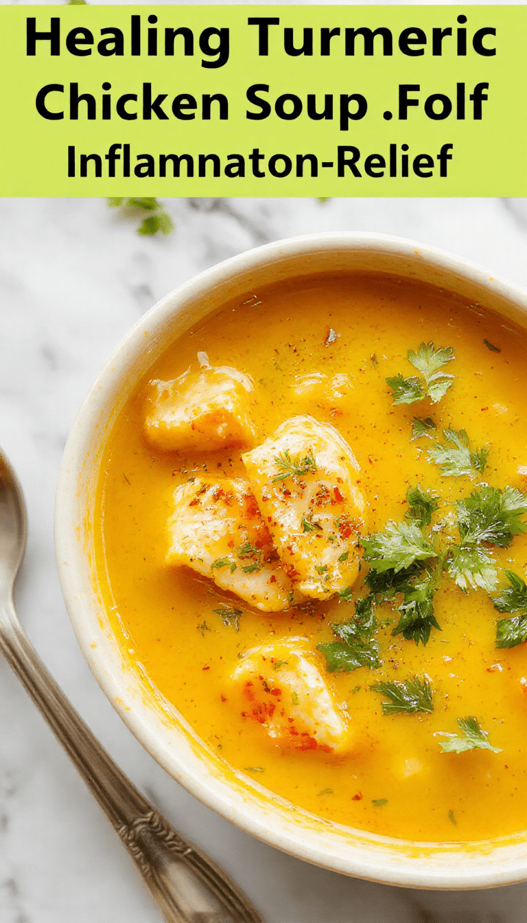 A vibrant bowl of turmeric chicken soup featuring tender chicken chunks, bright yellow turmeric broth, fresh herbs, and sliced vegetables on a rustic wooden surface, garnished with cilantro and a lemon wedge, evoking warmth and health.