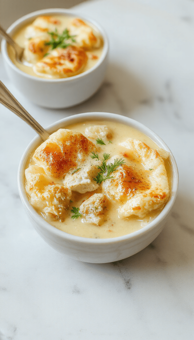 A steaming bowl of healthy chicken pot pie soup garnished with fresh herbs, featuring a creamy texture, chunks of tender chicken, carrots, celery, and peas, served in a rustic white bowl on a wooden table with crusty bread and a sprig of thyme.