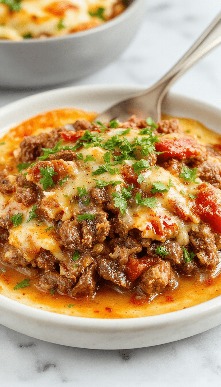 A close-up of a rustic hobo casserole on a wooden table, featuring a hearty mixture of ground beef, diced vegetables, and melted cheese, garnished with fresh herbs. The casserole is baked to perfection with a golden crust, served in a rustic dish, with colorful ingredients contrasting against the white background.