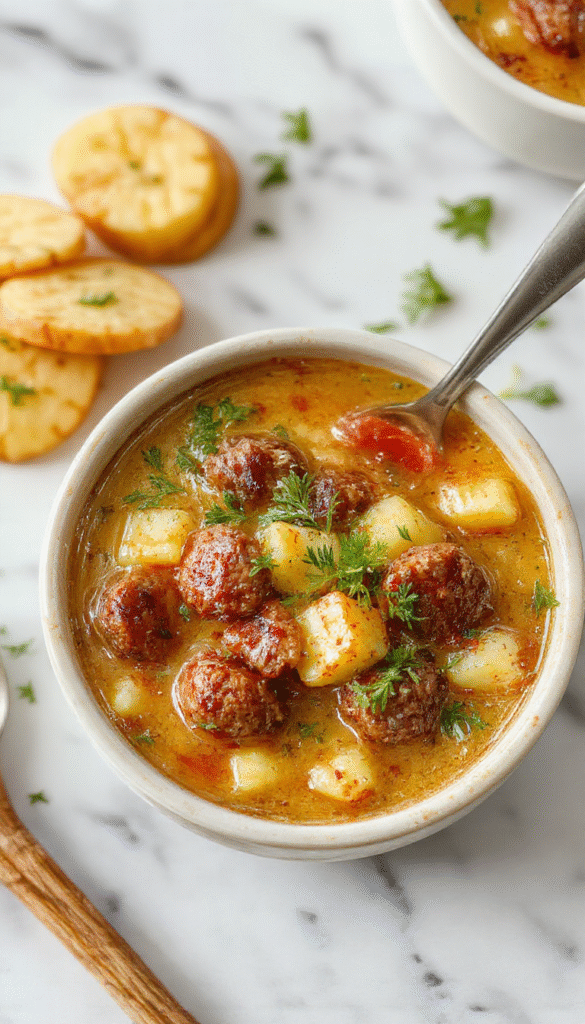 A steaming bowl of sausage potato soup topped with chopped parsley, served in a rustic white bowl. Visible chunks of tender potatoes, slices of sausage, and a creamy broth with a sprinkle of herbs. The bowl sits on a wooden table with a spoon beside it, evoking warmth and homestyle comfort.