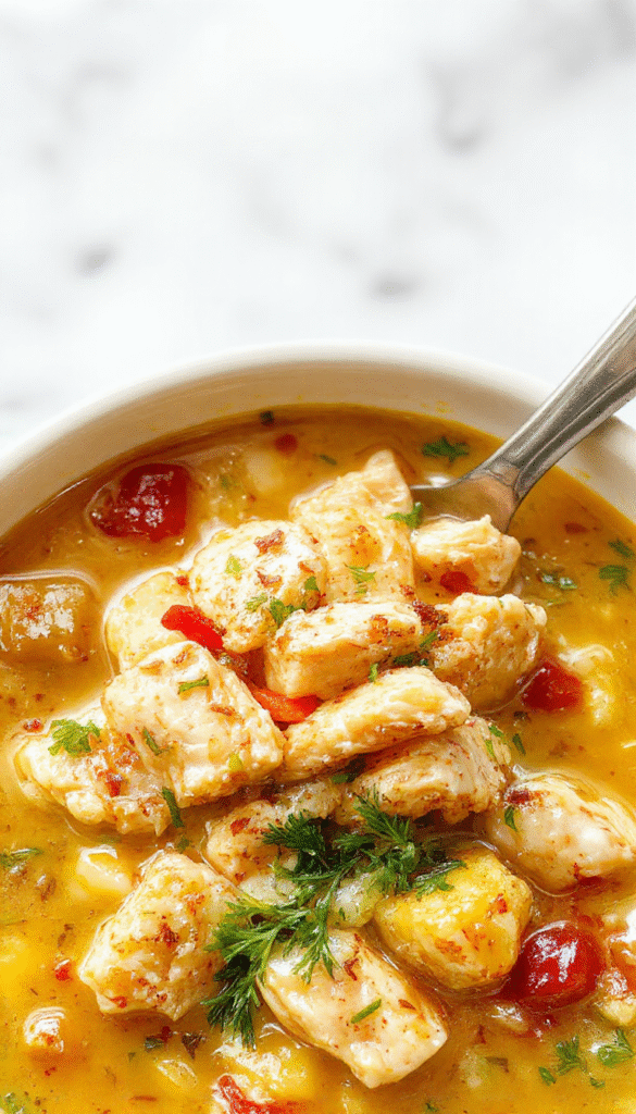 A steaming bowl of chicken and wild rice soup topped with fresh herbs, served in a rustic white bowl. The soup has a creamy, rich texture with visible grains of wild rice, tender shredded chicken, and colorful diced vegetables. The background features a cozy kitchen setting with wooden utensils and a cloth napkin for a warm, inviting presentation.