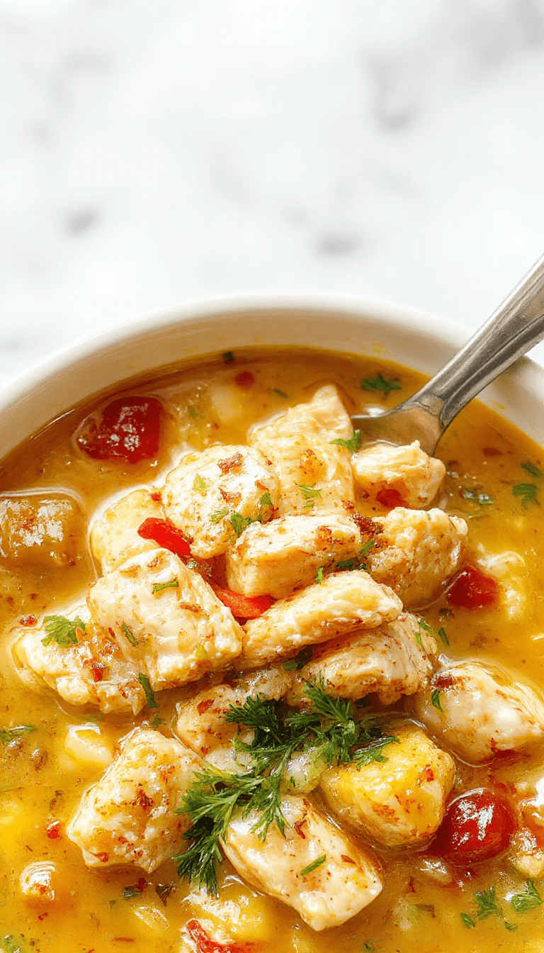 A steaming bowl of chicken and wild rice soup topped with fresh herbs, served in a rustic white bowl. The soup has a creamy, rich texture with visible grains of wild rice, tender shredded chicken, and colorful diced vegetables. The background features a cozy kitchen setting with wooden utensils and a cloth napkin for a warm, inviting presentation.