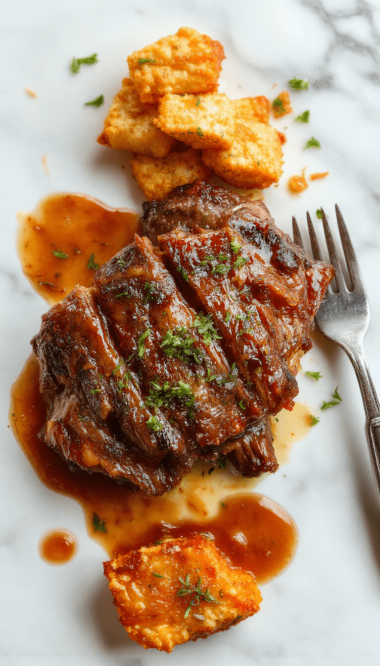 A rustic white plate features a tender, juicy beef pot roast glazed with savory gravy, surrounded by roasted carrots and potatoes, garnished with fresh herbs, against a cozy kitchen backdrop with warm lighting.