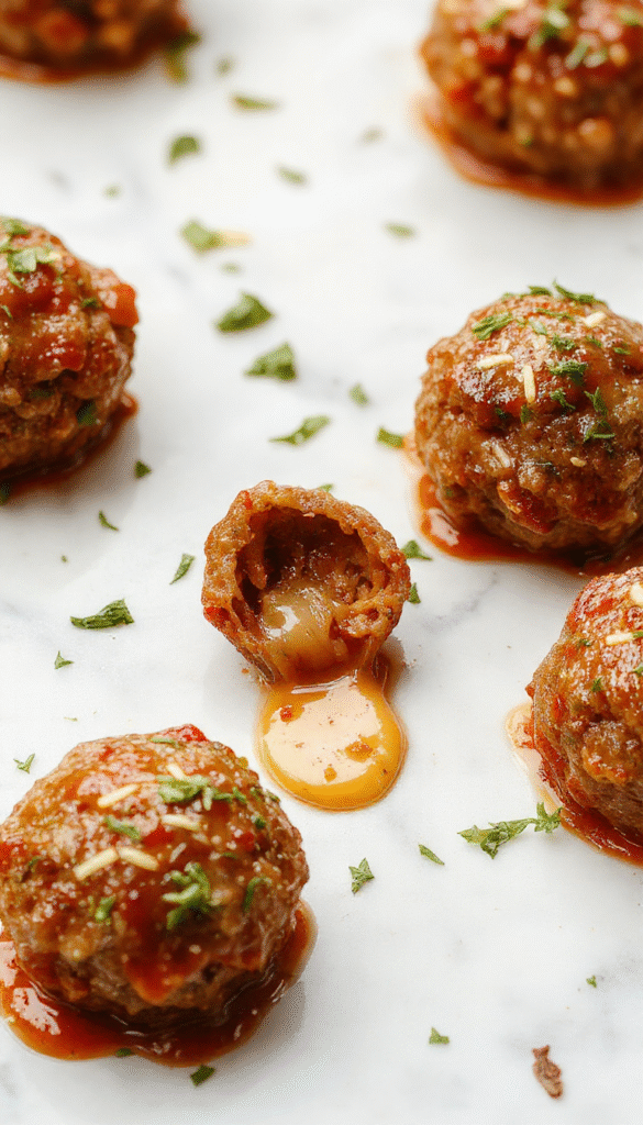 A close-up of perfectly round italian meatballs with a golden-brown crust sitting atop a bed of rich marinara sauce in a rustic white bowl, garnished with fresh basil leaves and sprinkled with grated Parmesan cheese, showcasing a glossy, inviting texture and vibrant colors