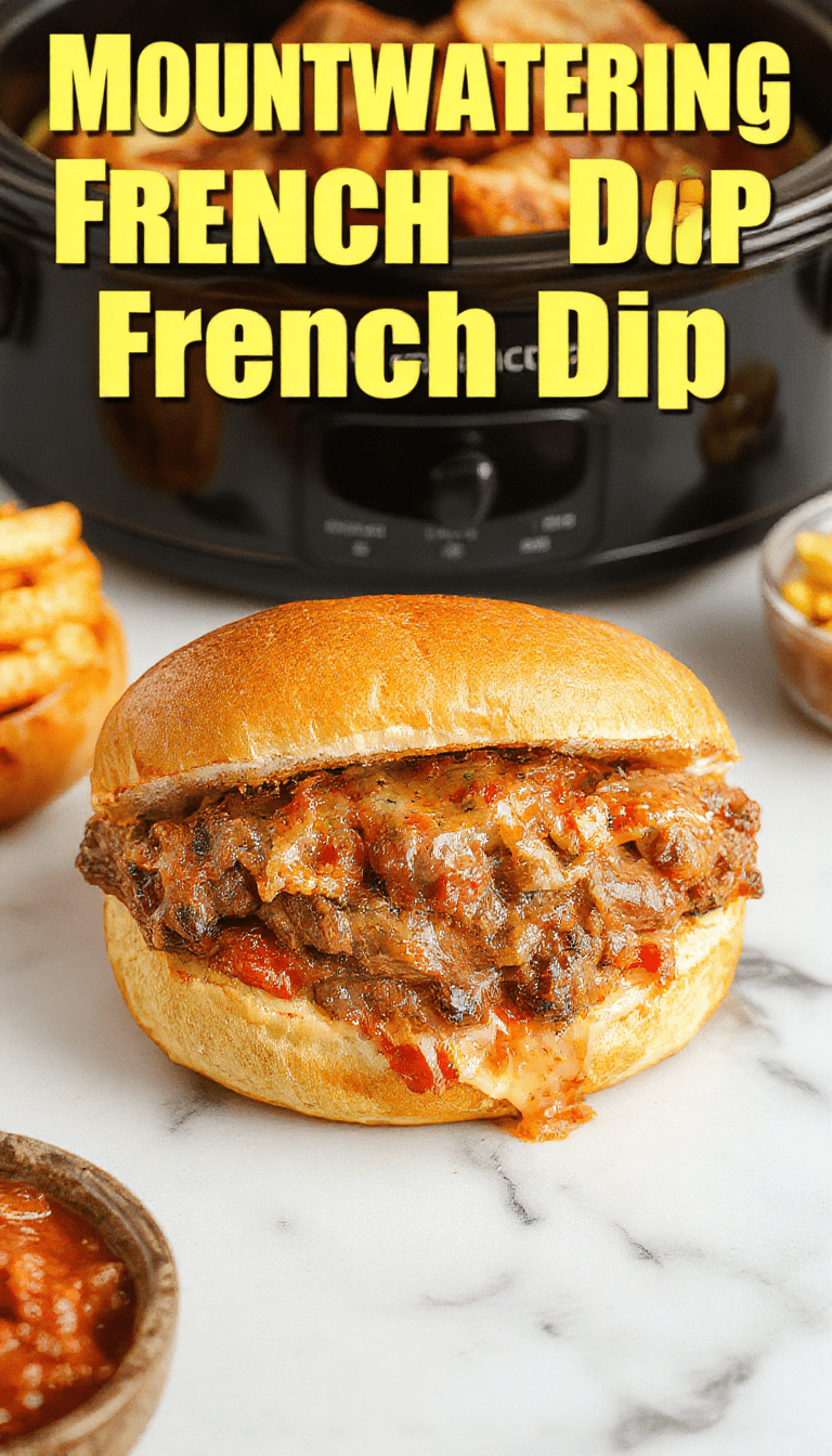 A close-up of tender shredded beef stacked in crusty baguette rolls, topped with melted cheese and served with a small bowl of rich au jus, garnished with fresh herbs. The dish is styled on a rustic wooden table with a warm, inviting ambiance and steam rising from the sandwiches.