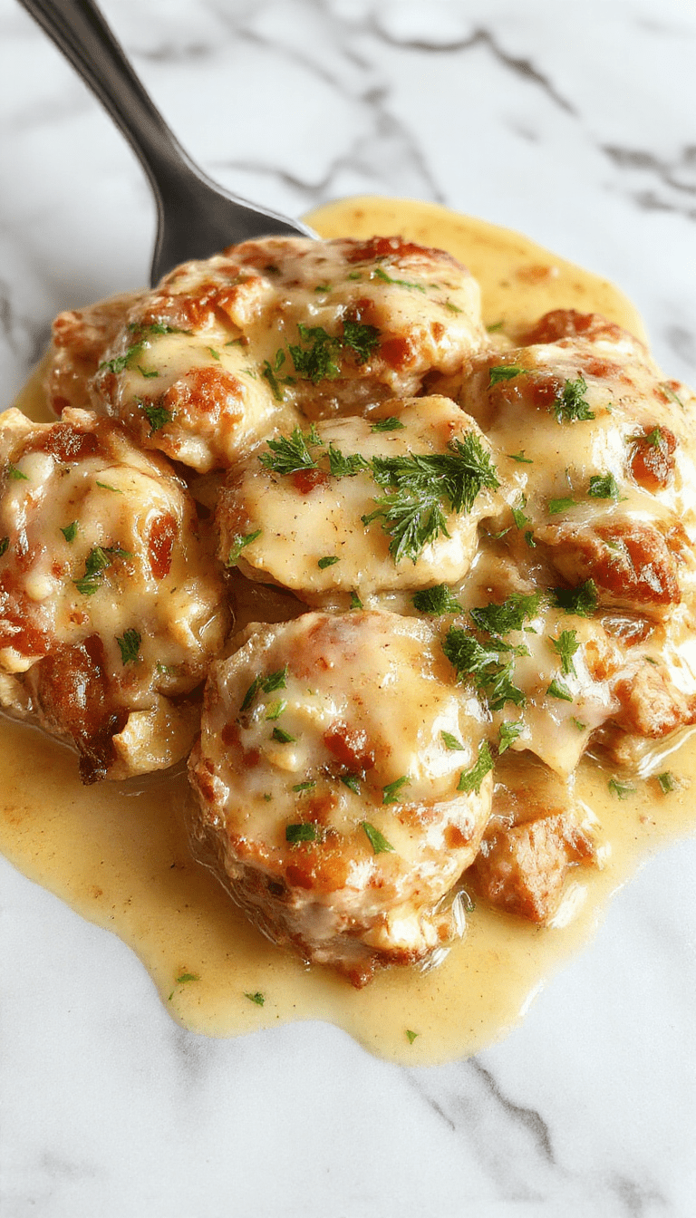 A vibrant skillet filled with tender pieces of golden-brown chicken topped with rich, creamy beige gravy. The dish is garnished with fresh herbs and sits on a rustic wooden table, showcasing a hearty homemade meal with a glossy, velvety sauce and crispy chicken pieces.