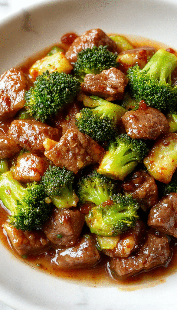 A vibrant plate featuring tender slices of beef stir-fried with bright green broccoli florets, glazed in a glossy savory sauce, garnished with sesame seeds and sliced green onions, styled on a white ceramic dish with chopsticks resting beside it.