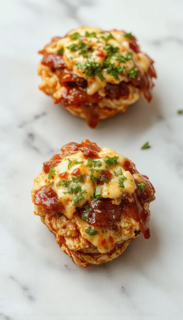 A vibrant plated dish featuring sliced grilled chicken topped with crispy bacon and melted cheddar cheese, garnished with fresh herbs, served on a rustic wooden table with BBQ sauce drizzled artistically around.