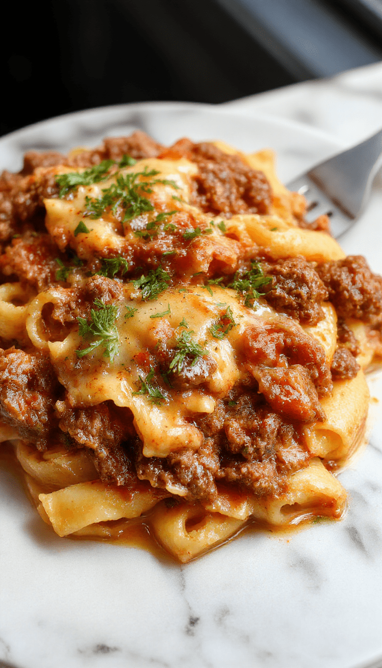 A close-up of a plate featuring tender ground beef mixed with perfectly cooked orzo pasta, coated in a rich, creamy tomato sauce. The dish is garnished with fresh herbs and served on a rustic white plate, highlighting its vibrant red sauce and hearty textures against a wooden table background.