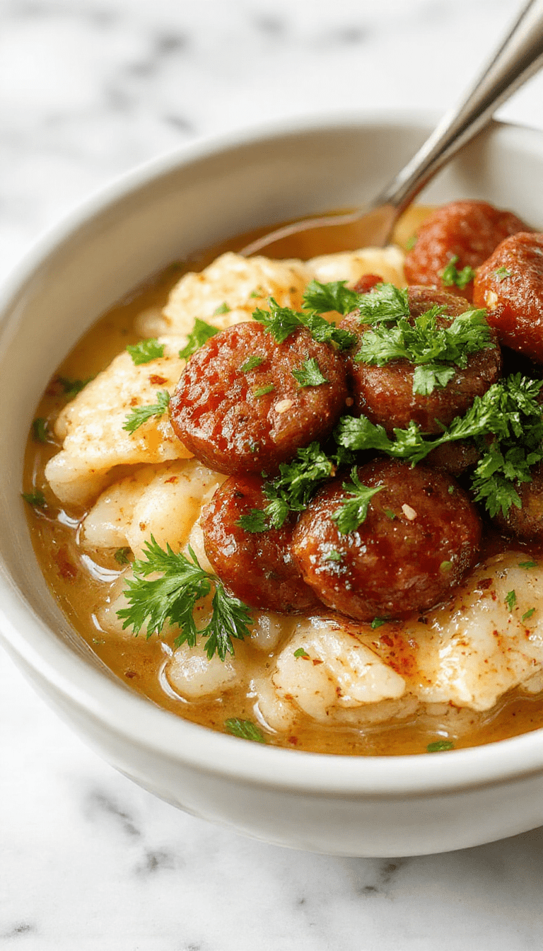 A colorful plate of savory smoked sausage slices nestled on fluffy white rice, garnished with chopped parsley. The dish is presented in a rustic bowl with a wooden spoon, showcasing caramelized sausage with crispy edges and a vibrant rice base, all bathed in warm natural lighting.