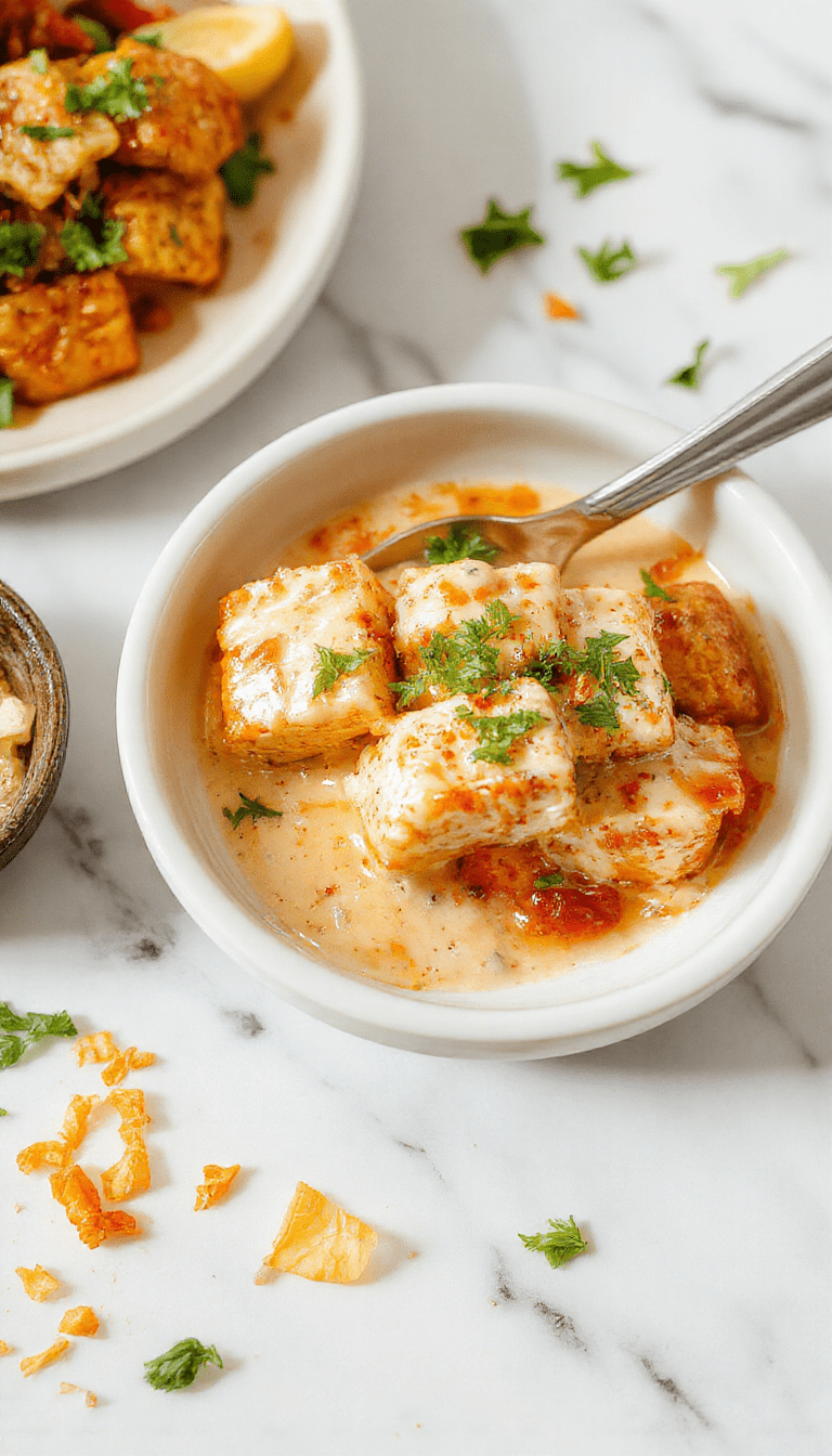 Vibrant plate featuring golden crispy tofu cubes topped with a luscious creamy coconut sauce, garnished with chopped cilantro. The dish is styled elegantly on a white ceramic plate with a background of fresh ingredients, showcasing textures of crispy tofu and smooth coconut sauce with a hint of spice.