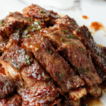 A beautifully plated beef brisket resting on a rustic wooden board, sliced to reveal tender, juicy, and richly flavored meat. The brisket has a caramelized crust with a slight smoky hue, garnished with fresh herbs and accompanied by vegetables and a drizzle of savory sauce. The vibrant colors and juicy textures emphasize succulence, with a cozy home-cooked atmosphere and elegant presentation.