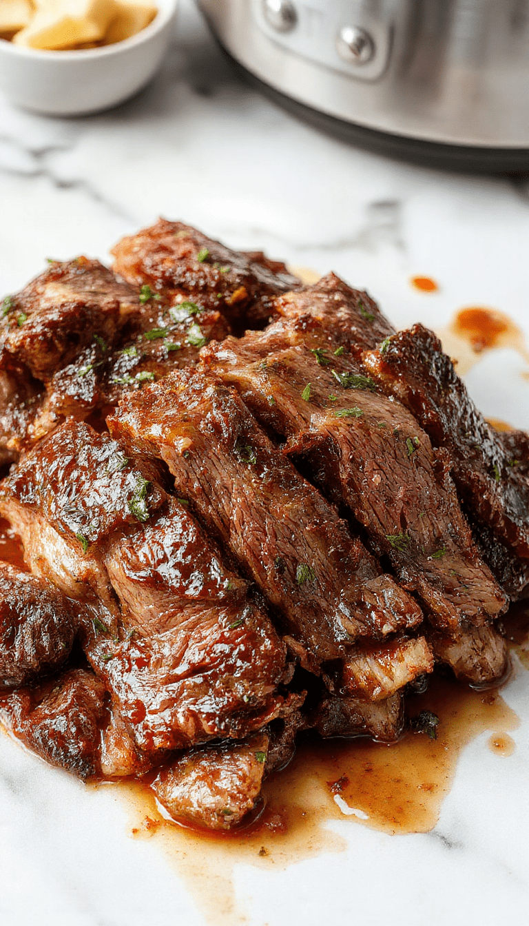 A beautifully plated beef brisket resting on a rustic wooden board, sliced to reveal tender, juicy, and richly flavored meat. The brisket has a caramelized crust with a slight smoky hue, garnished with fresh herbs and accompanied by vegetables and a drizzle of savory sauce. The vibrant colors and juicy textures emphasize succulence, with a cozy home-cooked atmosphere and elegant presentation.