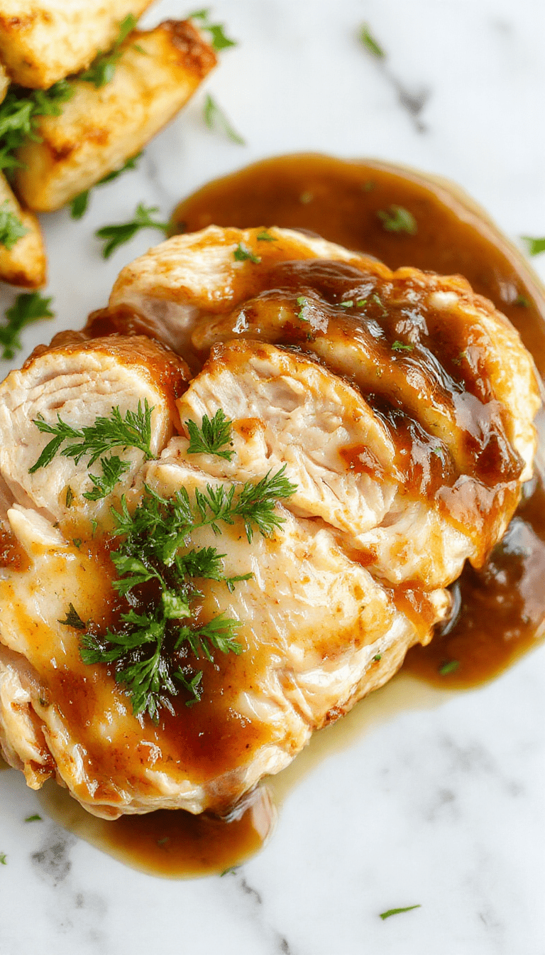 A close-up of tender shredded chicken breasts cooked in a rustic ceramic dish, topped with rich, glossy gravy. The dish is garnished with fresh herbs and served alongside steamed vegetables, with a soft-focus background of a cozy kitchen setting.