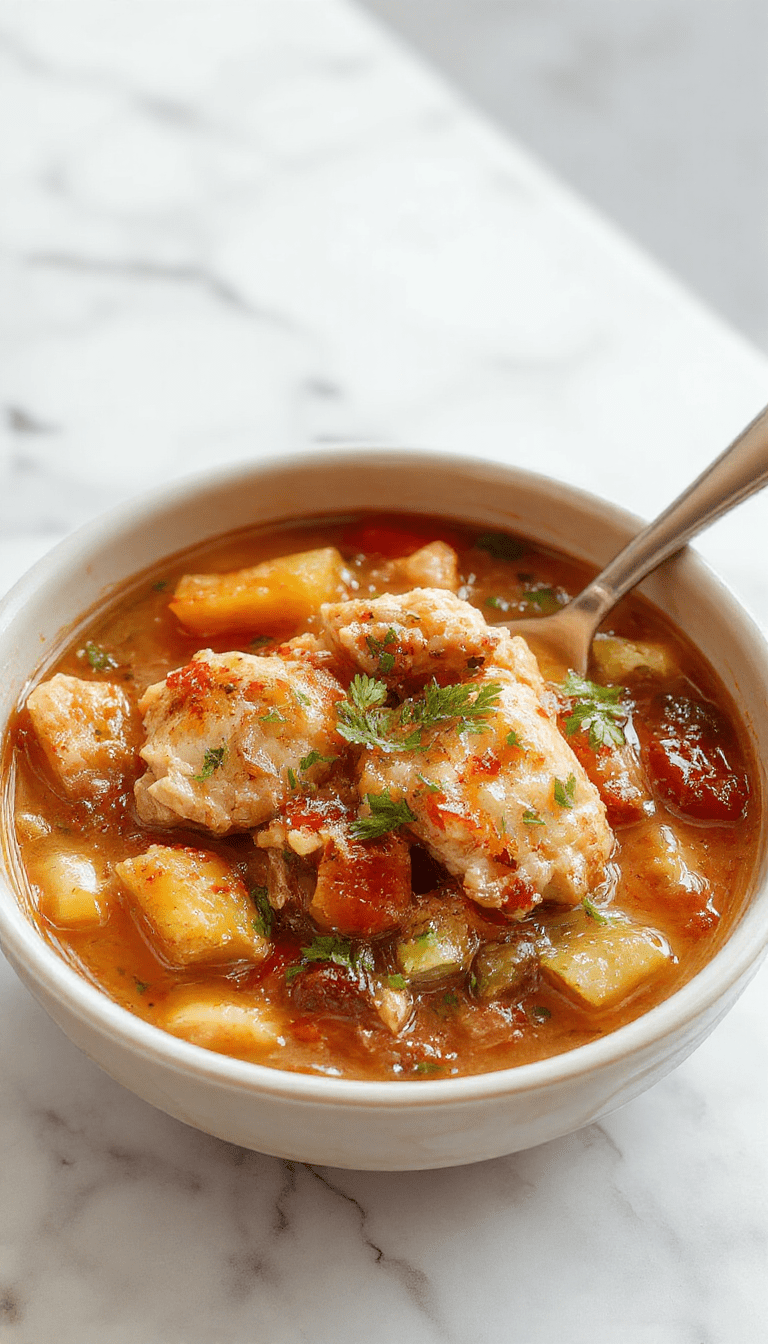 A warm, hearty chicken stew served in a rustic bowl, featuring tender shredded chicken, colorful carrots, potatoes, peas, and a rich broth, garnished with fresh herbs on a wooden table