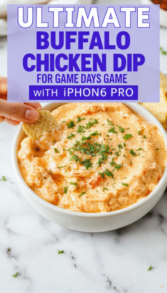 A vibrant bowl of buffalo chicken dip topped with shredded cheese and chopped green onions, surrounded by celery sticks, tortilla chips, and fresh parsley, styled on a rustic wooden table with a bright background emphasizing the rich textures and bold colors.