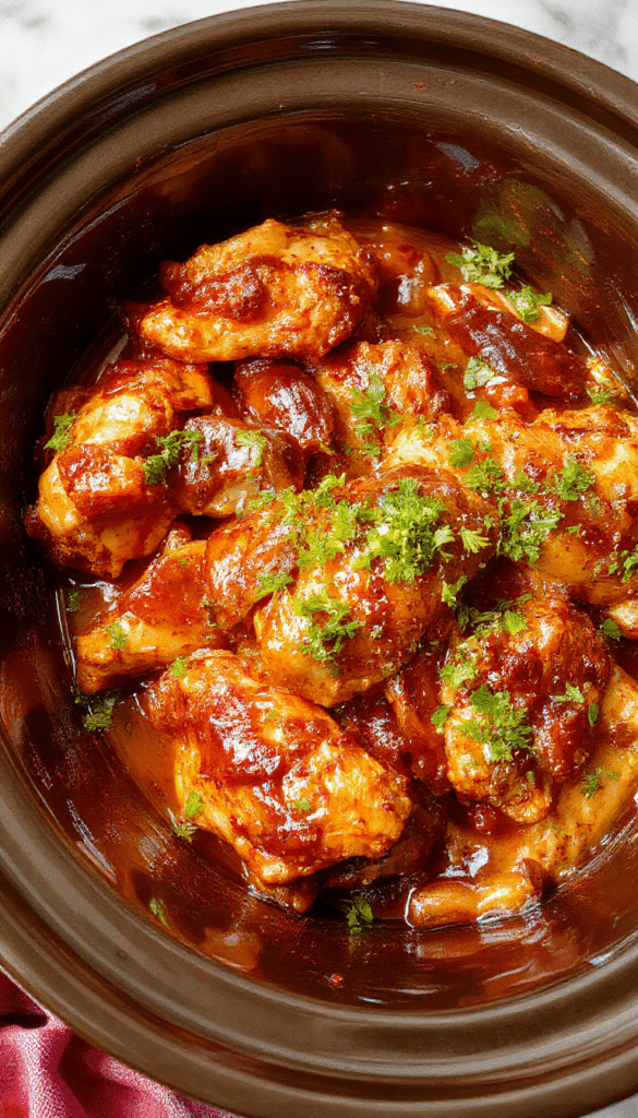 A close-up of tender, shredded barbecue chicken glazed with rich, smoky sauce, served on a white plate garnished with fresh parsley, with a backdrop of vegetables and a rustic wooden table, highlighting the glossy texture and inviting color of the dish.