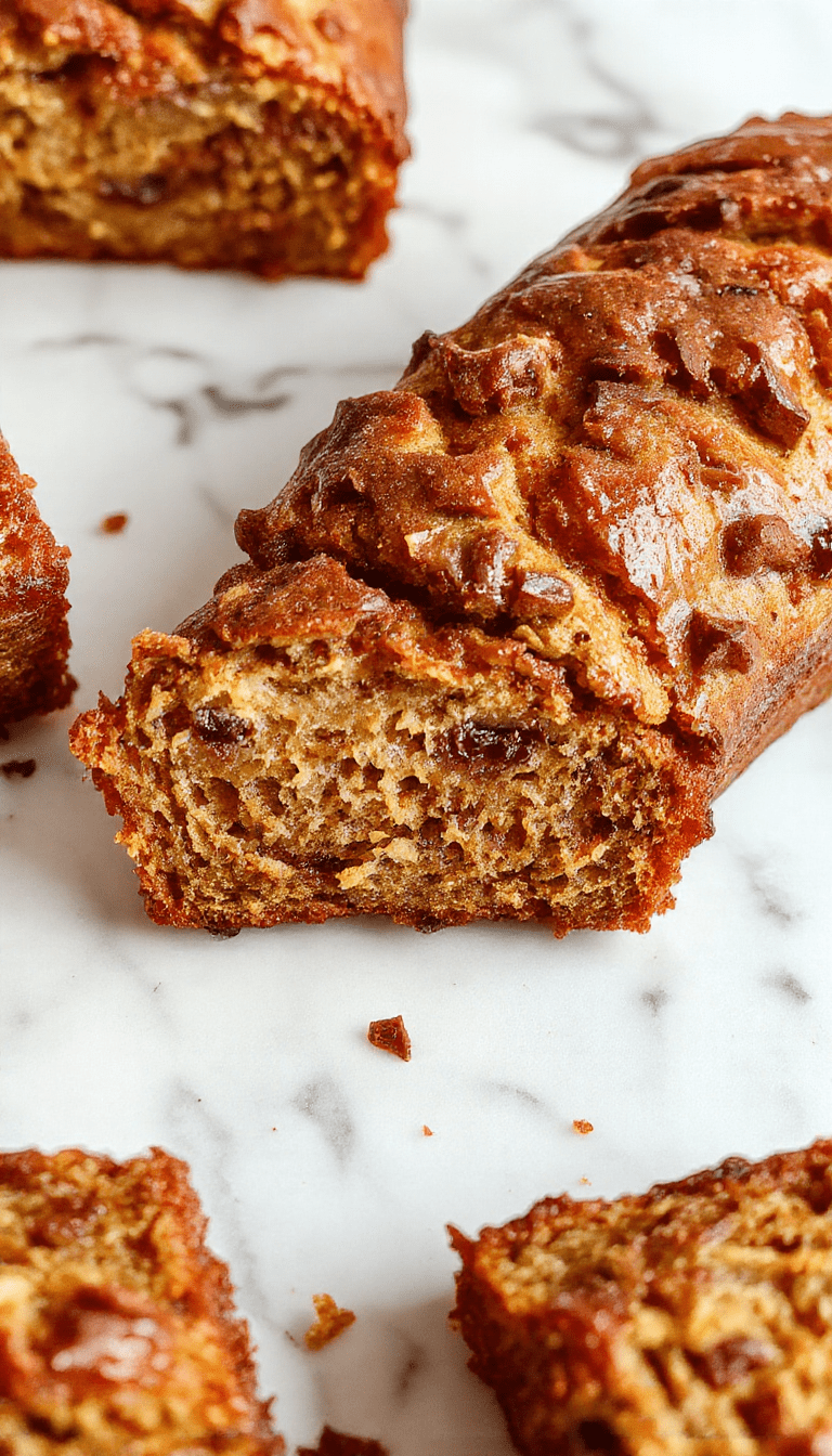 Golden brown banana bread slices arranged on a rustic wooden board, with a few slices showing moist interior and ripe banana chunks, styled with a sprinkle of powdered sugar and fresh bananas in the background, soft natural lighting highlighting the textures and rich color of the bread.