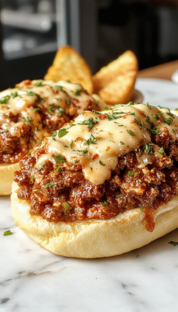 A vibrant plate featuring rich, juicy sloppy joes topped with melted cheese and sliced green peppers, served in a toasted bun on a rustic wooden table.