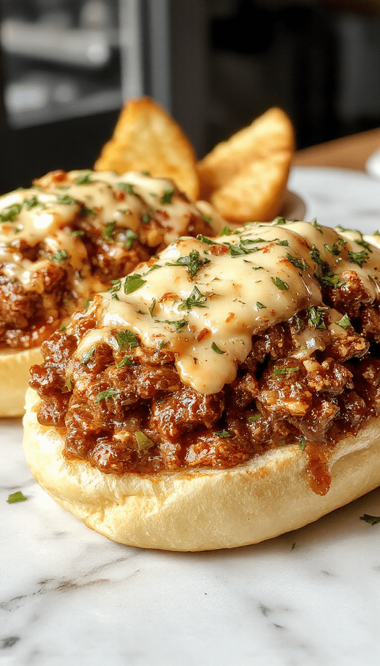 A vibrant plate featuring rich, juicy sloppy joes topped with melted cheese and sliced green peppers, served in a toasted bun on a rustic wooden table.